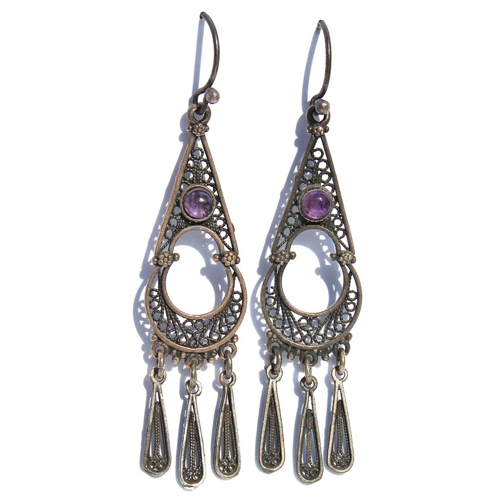 Vintage Amethyst Sterling Silver Long Dangle Earrings Teardrop Openwork Bohemian